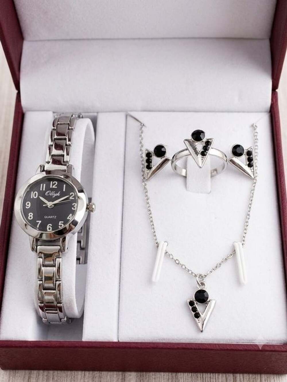 ONYK Women's Silver Tone Watch and Black Jewelry Set NIB